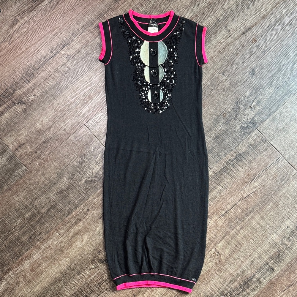 CHANEL Black Pink Cut Out Embellished Midi Dress